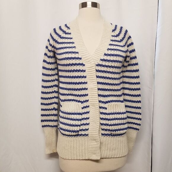 J Crew Ripplestitch Sweater Cardigan Button Down Cotton Blue Striped Chunky XXS - Picture 3 of 10